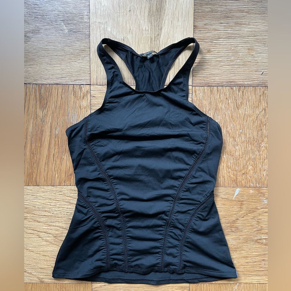 NWOT $120 Michi Black Halterneck Racerback Tank w/ contoured mesh seams, Size XS